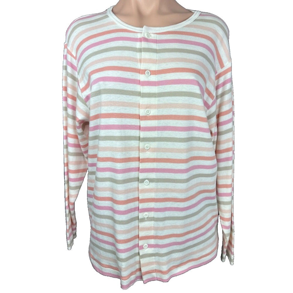 Jos A. Bank Cardigan Sweater Sz M Cotton White w Stripes Pink Green Long Sleeve